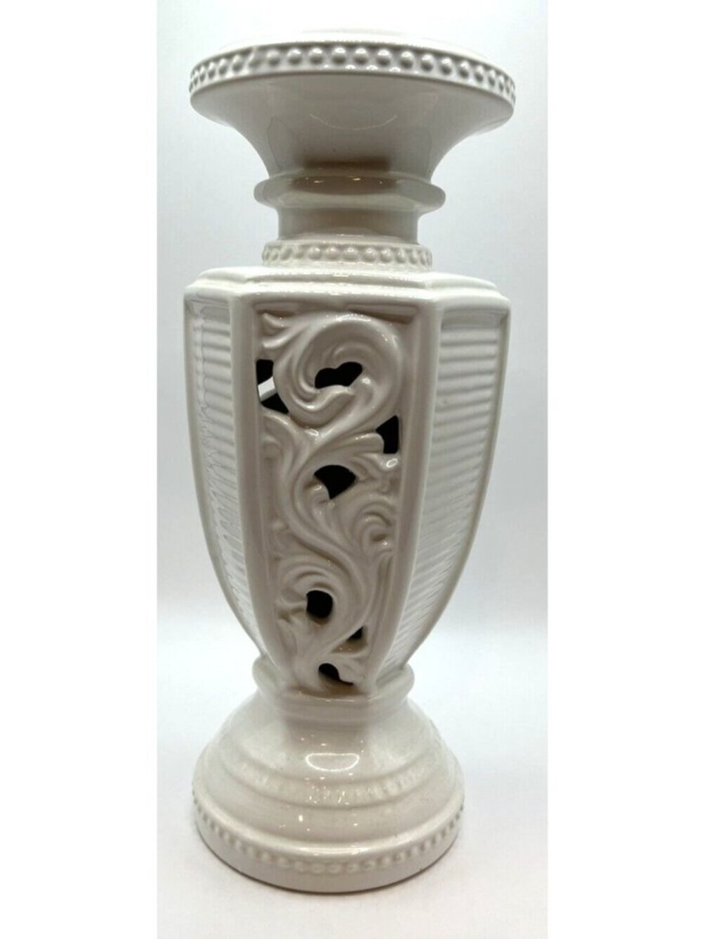 Large White Ceramic Candle Holder With Decorative Scroll Design Holds 3.5 Candle